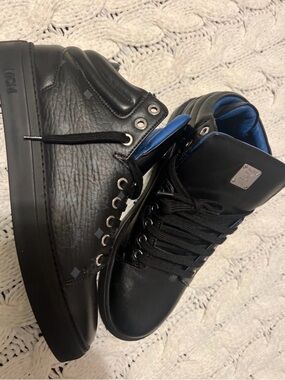 MCM Canvas Leather Mid Rise Logo Sneakers in Black 6 Mens/ 8 Women’s